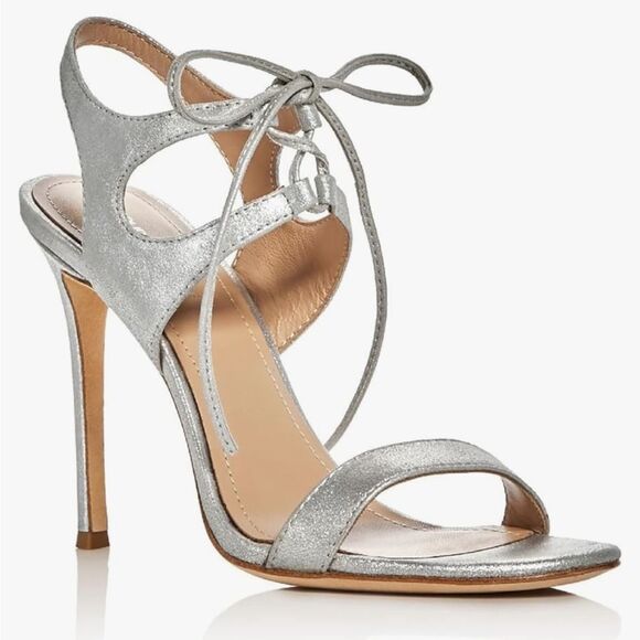 POUR LA VICTOIRE Silver Elisa Leather Lace-Up Strappy Dress Sandal Heels 10 - Picture 1 of 10